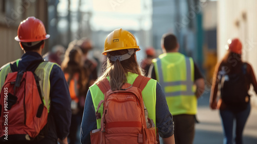 Employees following an emergency evacuation drill as part of a crisis preparedness plan