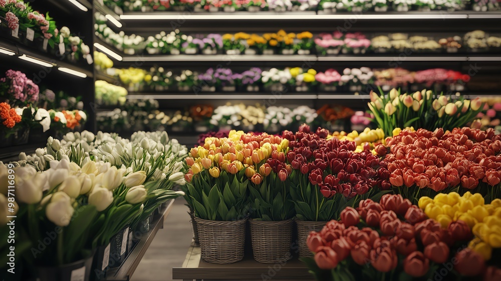 A colorful display of fresh flowers in a grocery store. The flowers are arranged in rows, with different colors and types of flowers. A colorful display of fresh flowers in a grocery store. The flowers are arranged in rows, with different colors and types of flowers.