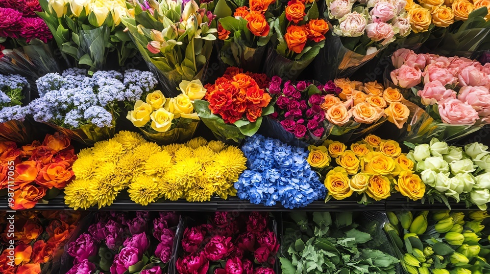 Fototapeta premium A vibrant display of colorful flowers in a market stall. Roses, lilies, hydrangeas, and other blooms create a beautiful and fragrant scene.