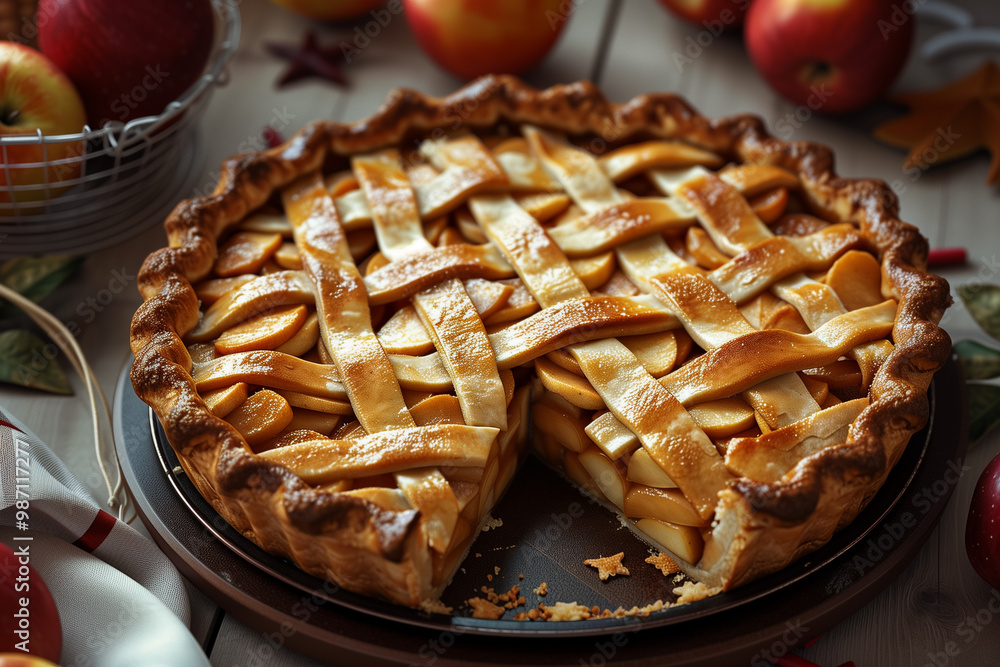 Apple pie on plate, Delicious dessert,decorated with lollipops candy necklaces balloons stars streamers and glittering confetti, Hyper-realistic style, Generative AI Apple pie on plate, Delicious dessert,decorated with lollipops candy necklaces balloons stars streamers and glittering confetti, Hyper-realistic style, Generative AI