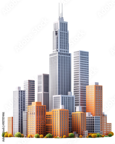 Stylized city skyline with modern skyscrapers, isolated on white background.