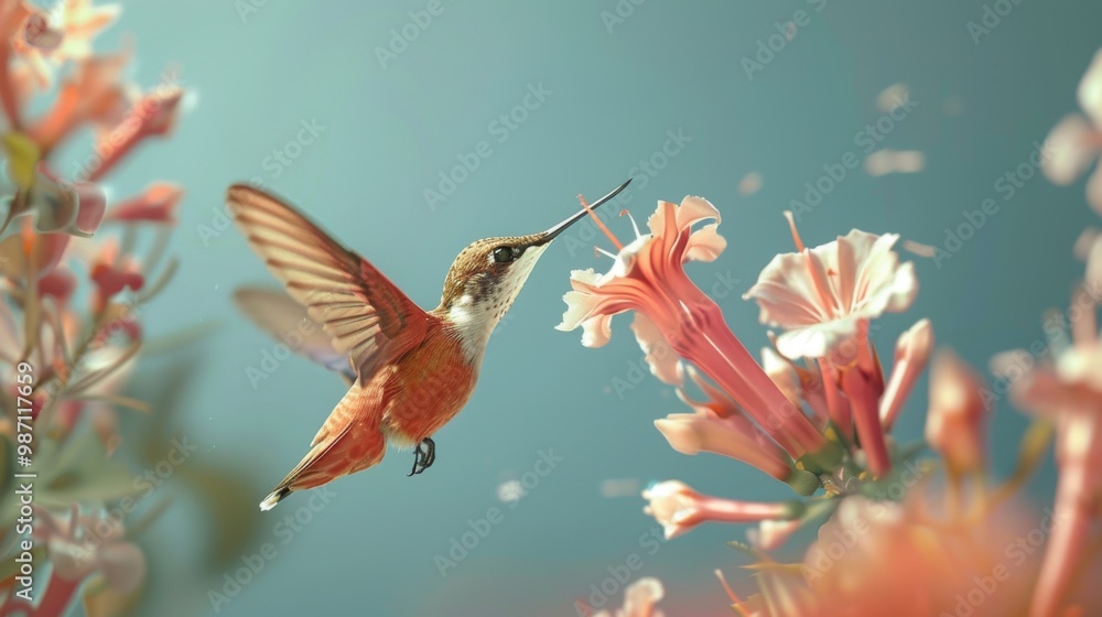 Hummingbird Feeding on Vibrant Floral Nectar in Garden Hummingbird Feeding on Vibrant Floral Nectar in Garden