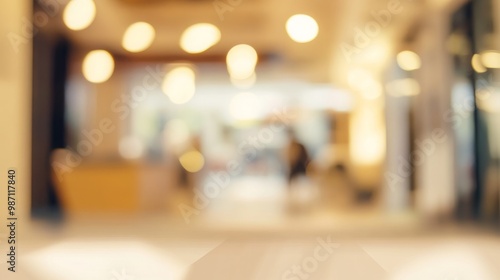 Blurred background of a modern, brightly lit office space with a few people and light fixtures.