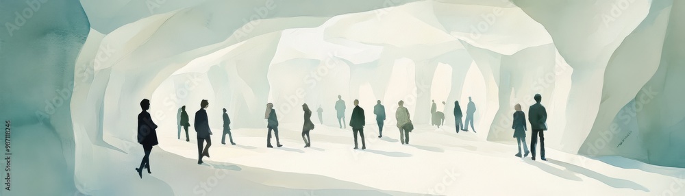 People explore a serene, icy cave, highlighted by gentle light and deep shadows, creating a mystical atmosphere. People explore a serene, icy cave, highlighted by gentle light and deep shadows, creating a mystical atmosphere.