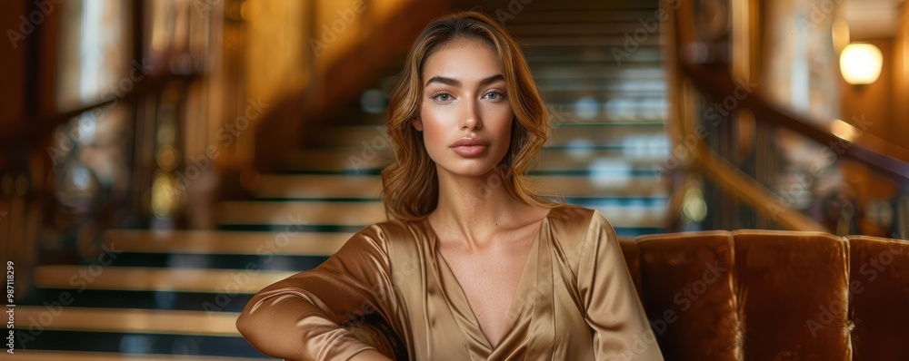 A personal portrait of a fashion model sitting on a velvet couch A personal portrait of a fashion model sitting on a velvet couch