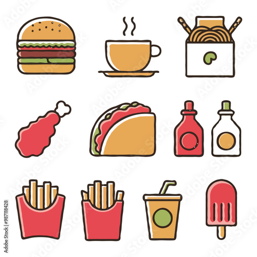 Fast food and drink icon set with burgers pizza sandwiches and desserts