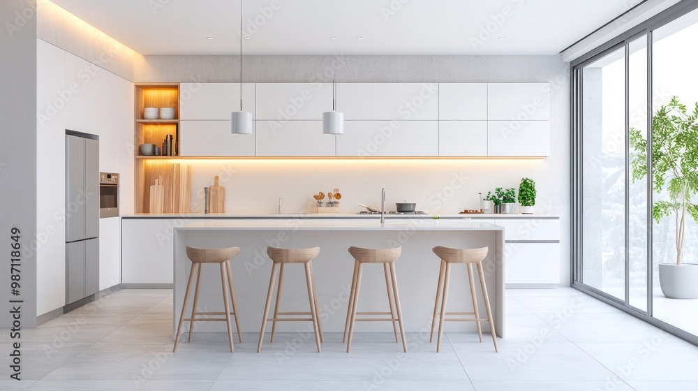 Fototapeta premium A bright and airy upscale kitchen with modern, high-end finishes. The design is minimalist, featuring elegant strip lighting under sleek, AI Generative
