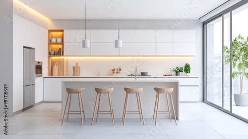 A bright and airy upscale kitchen with modern, high-end finishes. The design is minimalist, featuring elegant strip lighting under sleek, AI Generative