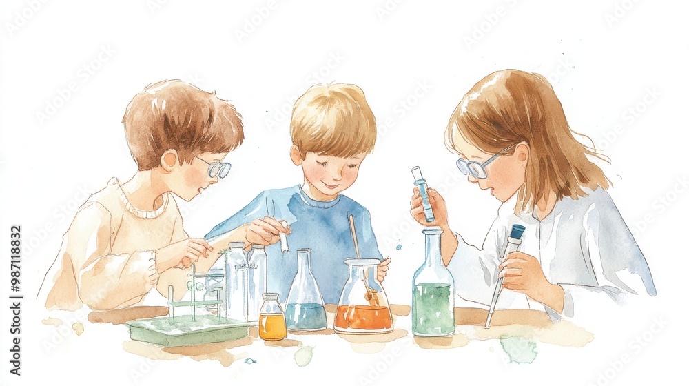 Three children engaging in a fun science experiment, exploring chemistry with colorful liquids and glassware. Three children engaging in a fun science experiment, exploring chemistry with colorful liquids and glassware.