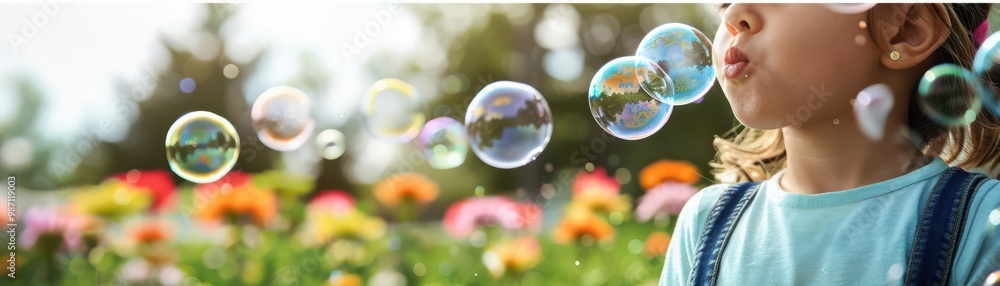 A photorealistic image of a young girl blowing bubbles in a park A photorealistic image of a young girl blowing bubbles in a park