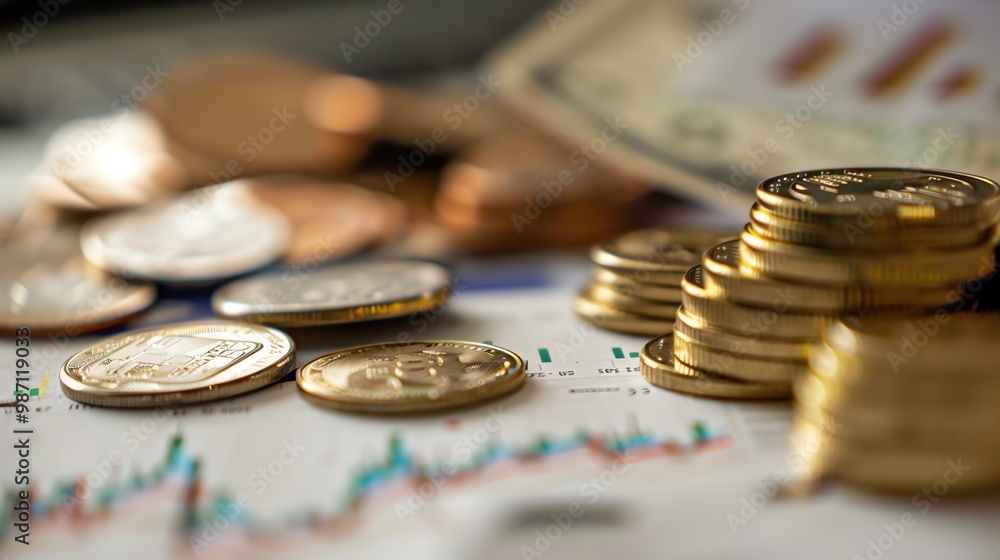 A close-up of a stack of coins on a table with a blurred background of a person working on a laptop. A close-up of a stack of coins on a table with a blurred background of a person working on a laptop.