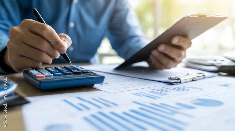 A businessman reviewing financial documents and a calculator, symbolizing financial soundness, AI Generative A businessman reviewing financial documents and a calculator, symbolizing financial soundness, AI Generative