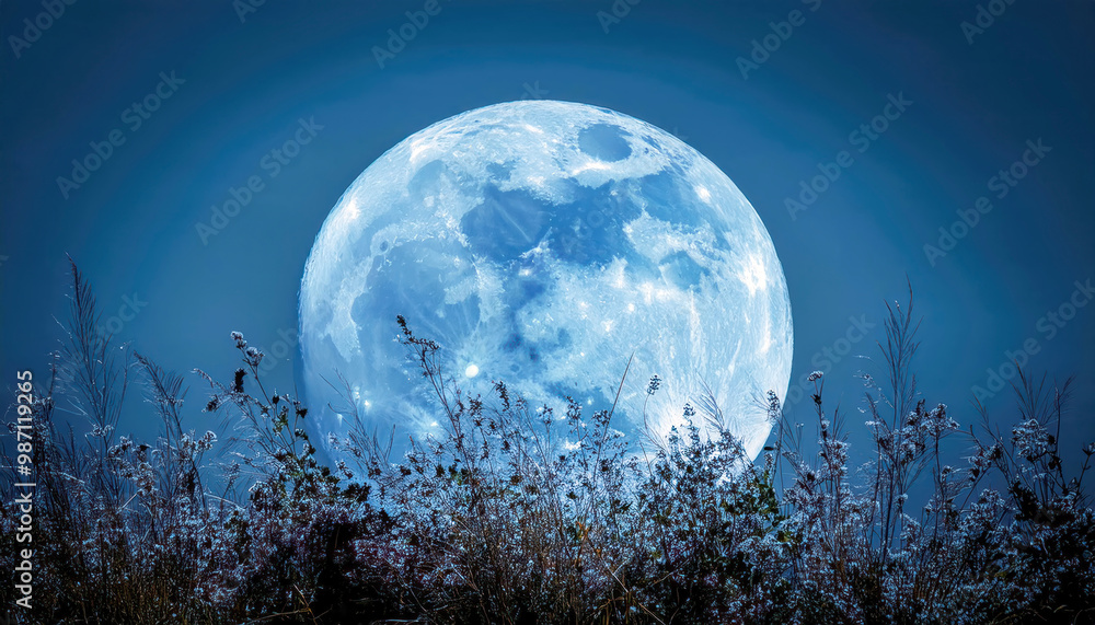 Blue Full Moon of August with plants in front Blue Full Moon of August with plants in front