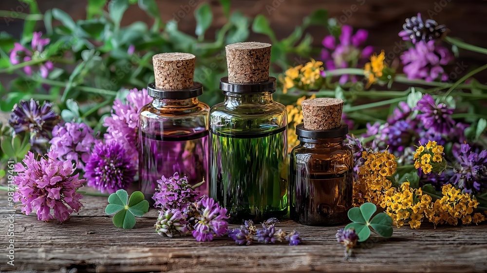 The photo shows three essential oil bottles of different sizes The photo shows three essential oil bottles of different sizes