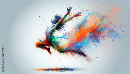A silhouette of a woman jumping with vibrant color trails flowing around her, representing freedom and creativity