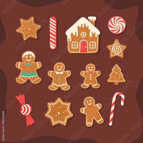 Gingerbread Cookies with Candy and House Christmas Elements set