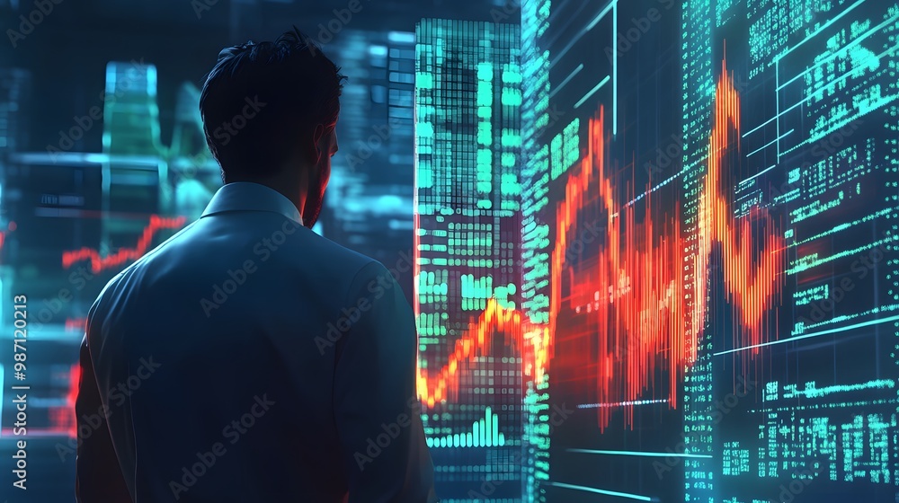 An office scene where a businessman is closely analyzing fluctuating graphs on a digital display. The graphs show sharp peaks and dips, with red and green colors indicating losses and gains. The busin An office scene where a businessman is closely analyzing fluctuating graphs on a digital display. The graphs show sharp peaks and dips, with red and green colors indicating losses and gains. The busin