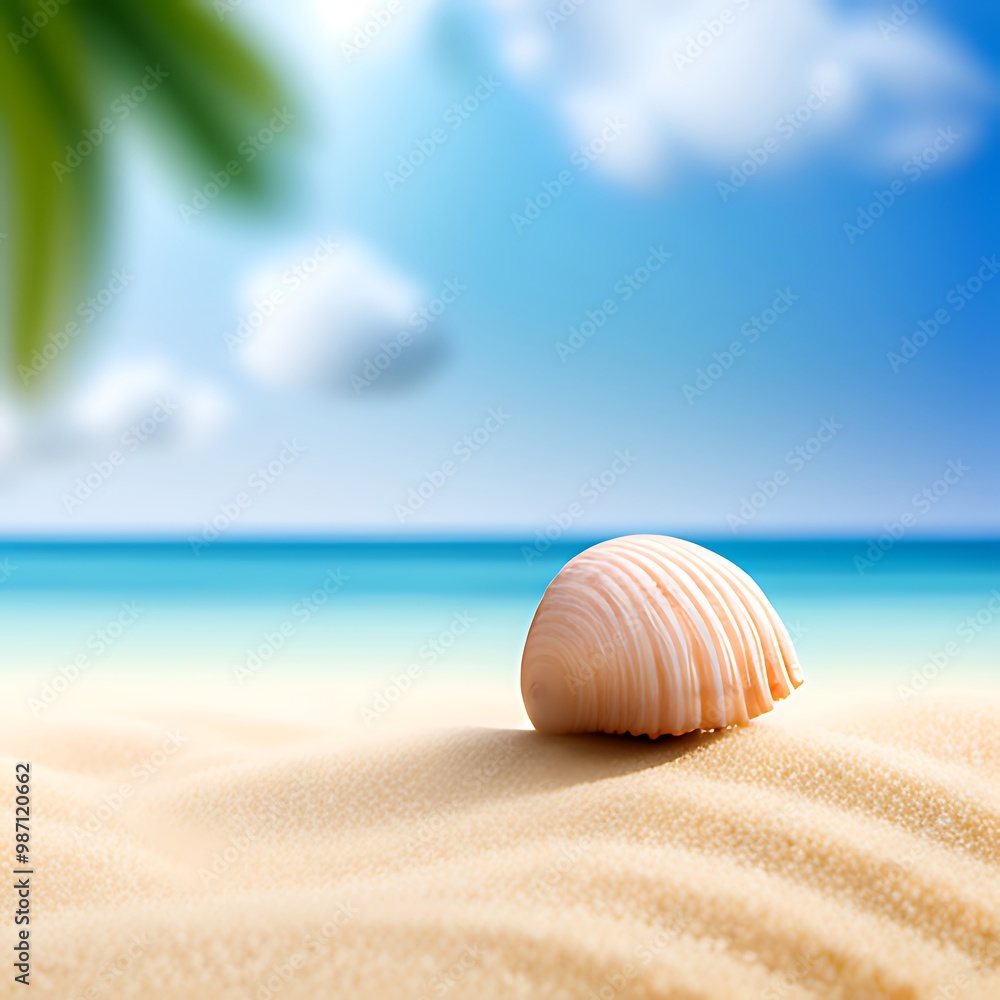 Obraz premium a serene beach scene with a seashell lying on the sand. Palm leaves frame the scene on either side, providing a sense of tropical paradise. The ocean in the background is a vibrant blue color .