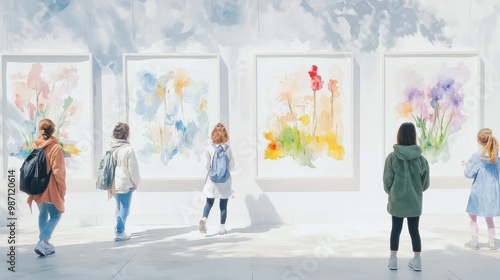 Visitors explore an art gallery showcasing vibrant watercolor paintings on bright walls, capturing creativity and inspiration.