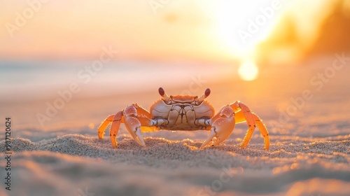 a crab on beach sand with sunset