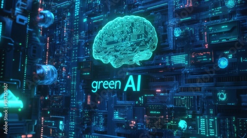 A futuristic and high-tech background with the words "green AI" written in a glowing digital font, AI Generative