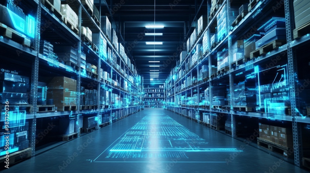 A futuristic warehouse corridor illuminated with blue digital data projections, AI Generative A futuristic warehouse corridor illuminated with blue digital data projections, AI Generative