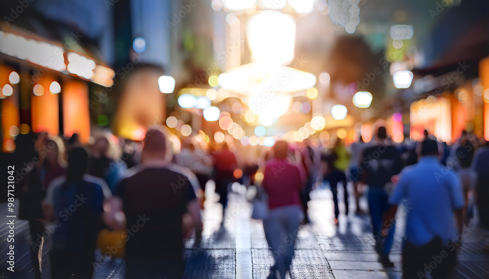 Fototapeta premium Blurred defocused of unrecognised crowd people walking in the city street, night life and urban scene