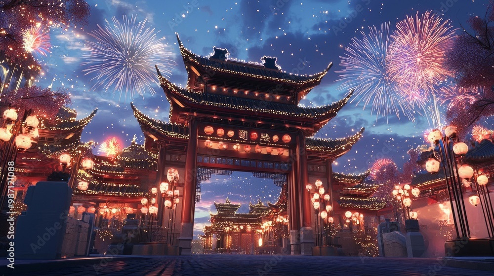 A giant screen, It is fronted by Chinese-style architecture and fireworks, sky blue background, red main color, in a cartoonish style, AI Generative A giant screen, It is fronted by Chinese-style architecture and fireworks, sky blue background, red main color, in a cartoonish style, AI Generative