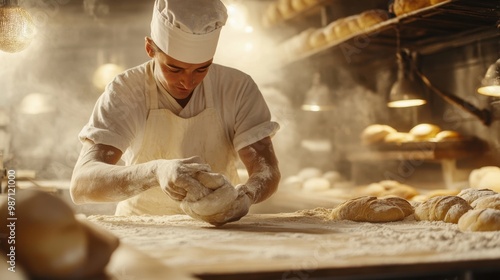 A baker shaping dough into baguettes, surrounded by flour-dusted surfaces and the warm glow of an artisanal bakery. photo