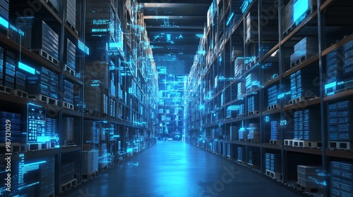 A futuristic warehouse corridor illuminated with blue digital data projections, AI Generative