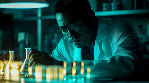 A cinematic still of an African American scientist working in his lab photo