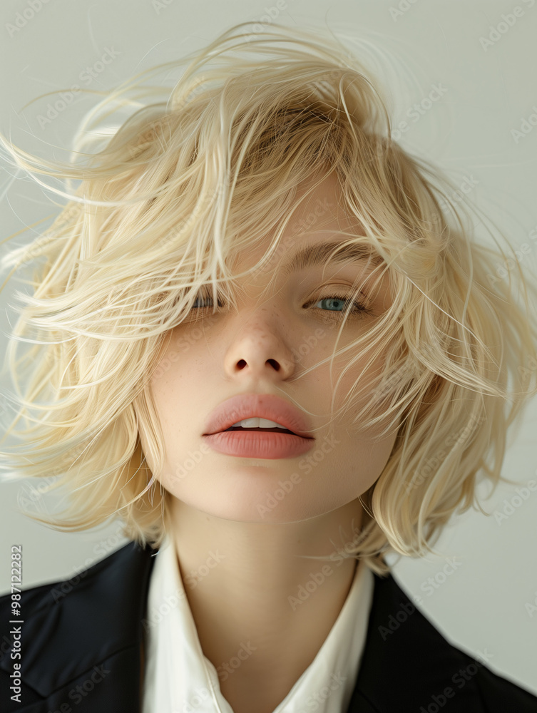 Stylish young woman with short blonde hair in a black blazer Stylish young woman with short blonde hair in a black blazer