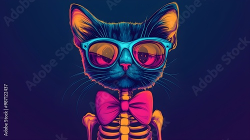 Cool Cat Skeleton with Sunglasses and Bow Tie