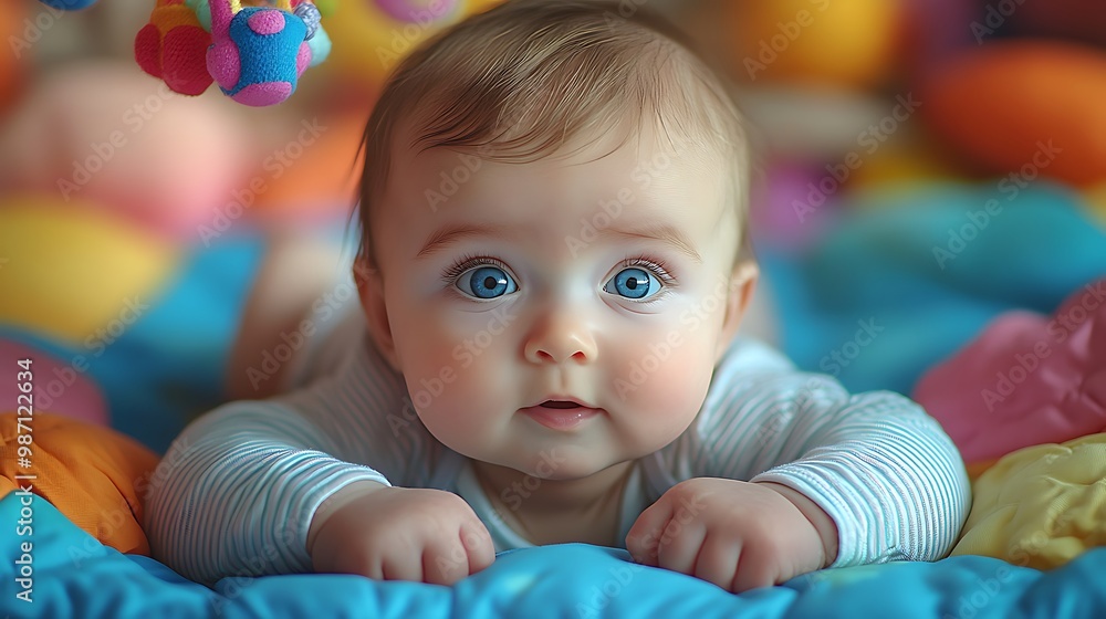 A curious baby with big blue eyes looks up at the camera while lying on a play mat. A curious baby with big blue eyes looks up at the camera while lying on a play mat.