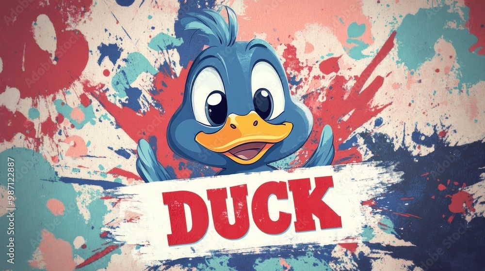 Cute cartoon duck with paint splattered background and the word Cute cartoon duck with paint splattered background and the word