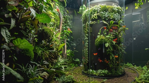 Lush Tropical Terrarium with Diverse Greenery in Transparent Glass Enclosure photo