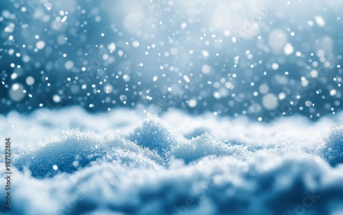 Close-up of Snowflakes Falling on Fresh Snow Covered Ground in Soft Winter Light