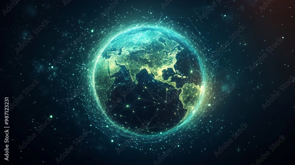 A logo illustrating a glowing globe with a network of interconnected knowledge points, lime color light and dark blue background, AI Generative A logo illustrating a glowing globe with a network of interconnected knowledge points, lime color light and dark blue background, AI Generative