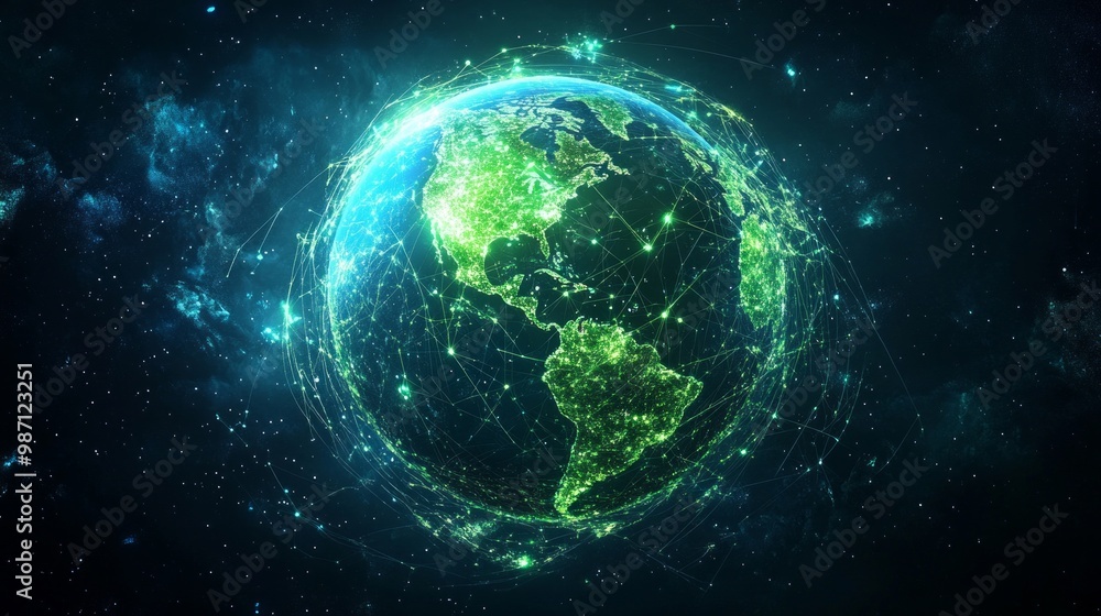 Fototapeta premium A logo illustrating a glowing globe with a network of interconnected knowledge points, lime color light and dark blue background, AI Generative