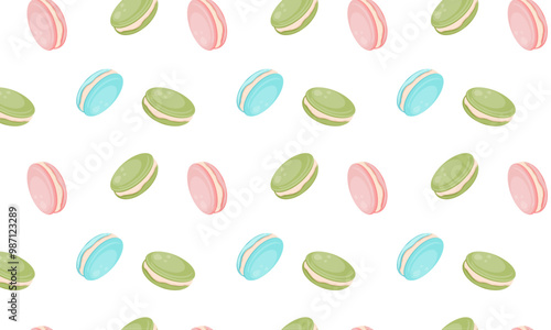 Macaroons seamless pattern. Cute  french candy green,pink and blue  macaroons for print. Assorted confectionery. Cartoon bakery biscuits. Cakes pastel set.