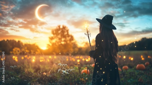 Elegant witch Halloween costume with glowing magical staff photo