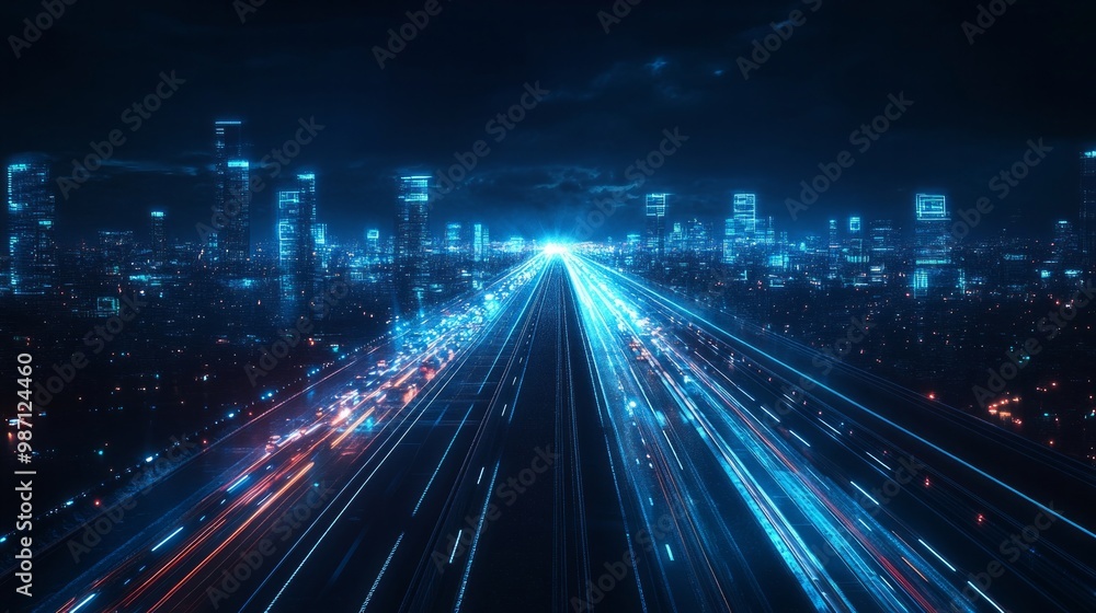 Fototapeta premium A cityscape with a long road filled with cars and a bright blue sky