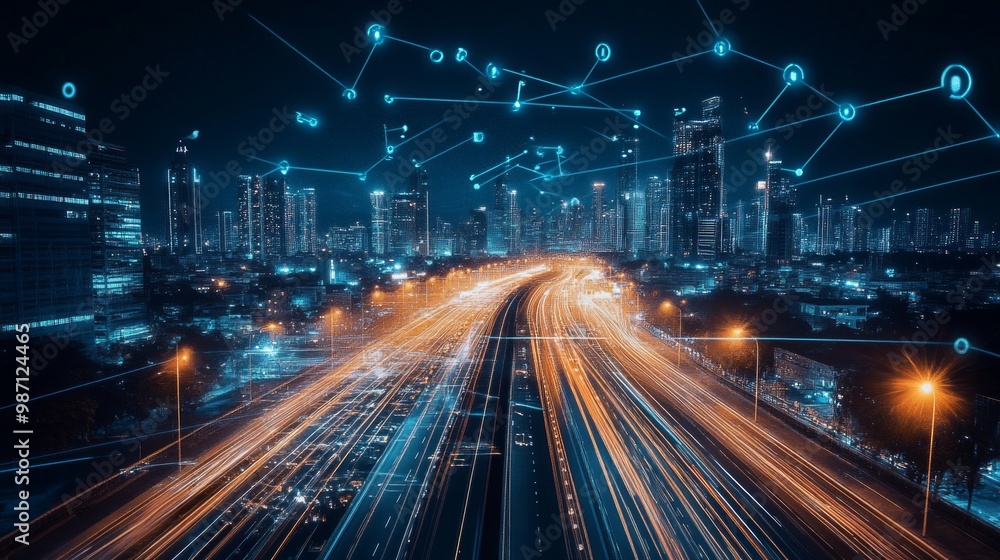 A cityscape with a highway in the middle and a lot of lights A cityscape with a highway in the middle and a lot of lights