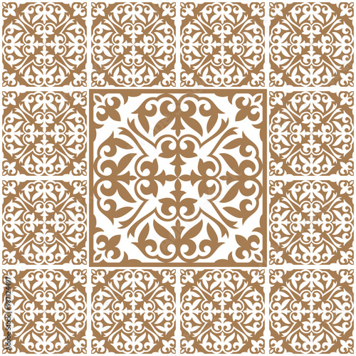 National Islamic Seamless gold pattern Arabesque. Islamic pattern of the nomads of Kazakhstan, Kyrgyzstan, Mongolia, Moroccan,Turk. For ceramic, azulejo tile, border, sandblaster, Patchwork