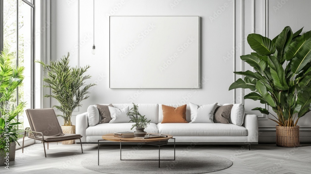 A modern living room with minimalist furniture, a cozy sofa, a coffee table, and indoor plants, AI Generative A modern living room with minimalist furniture, a cozy sofa, a coffee table, and indoor plants, AI Generative