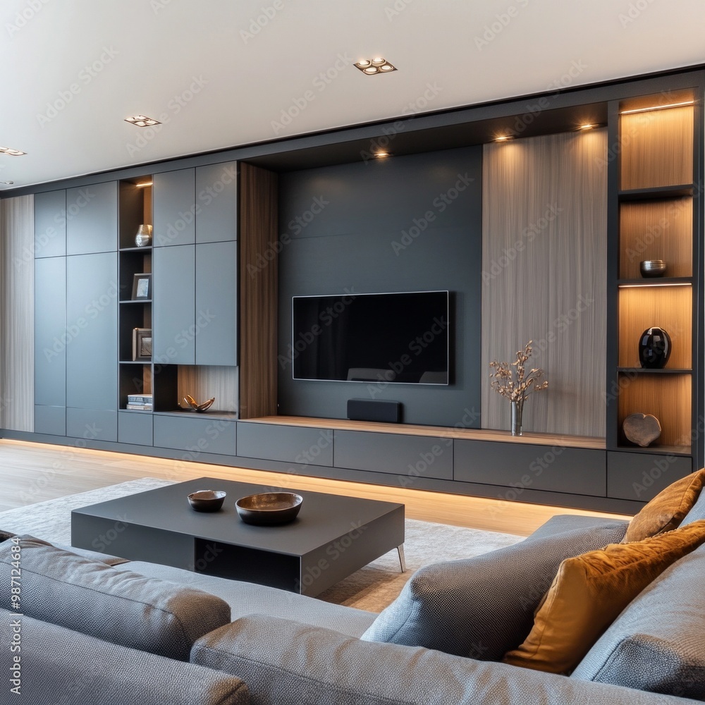 Fototapeta premium A modern living room with sleek furniture that includes built-in storage, hidden organizers under the coffee table, AI Generative