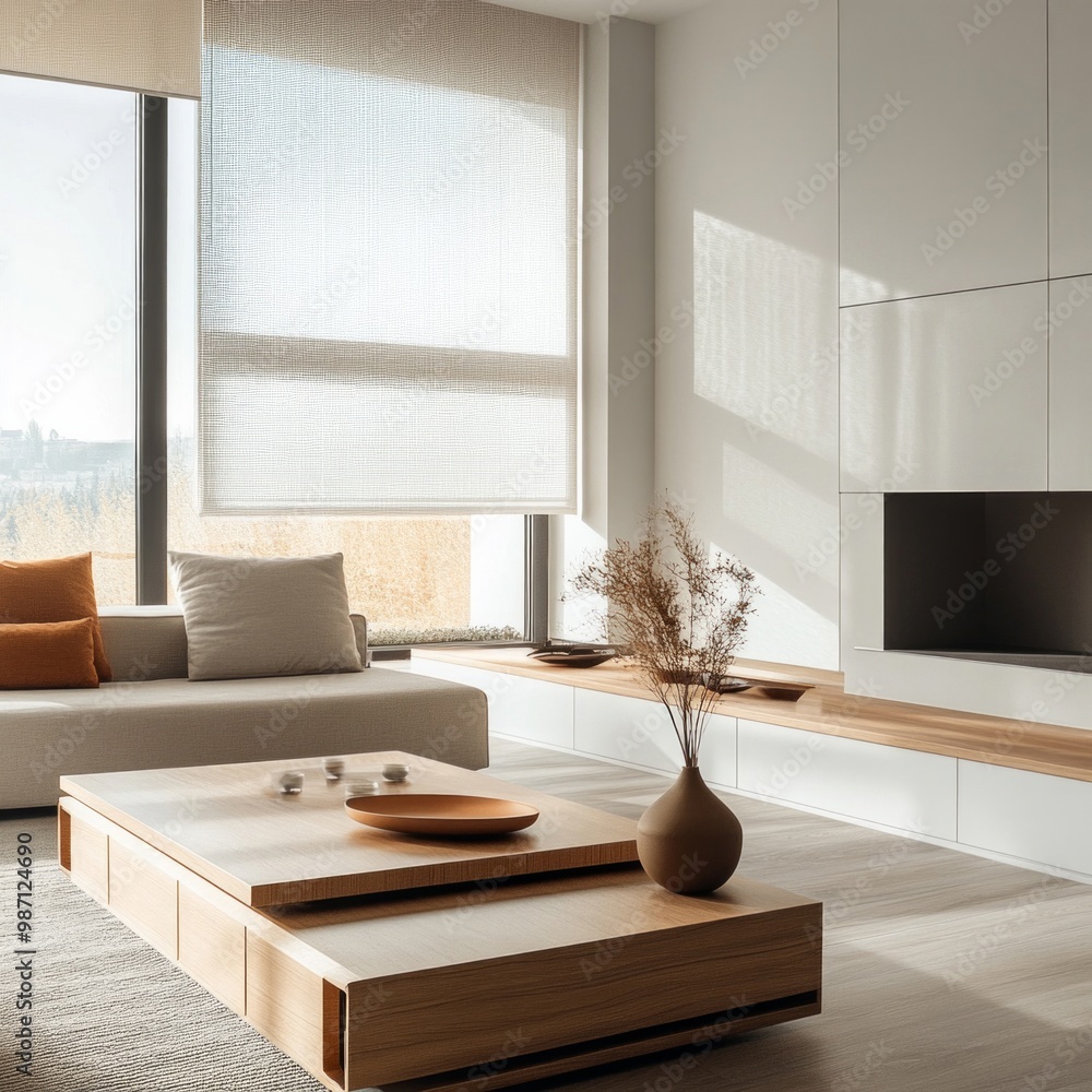 Fototapeta premium A modern living room with sleek furniture that includes built-in storage, hidden organizers under the coffee table, AI Generative