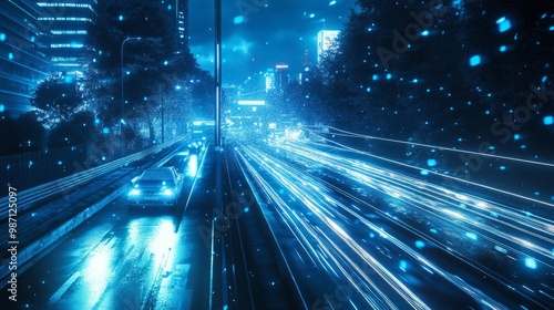 a nightride by car, futuristic, blue toned, 1:1, AI Generative photo