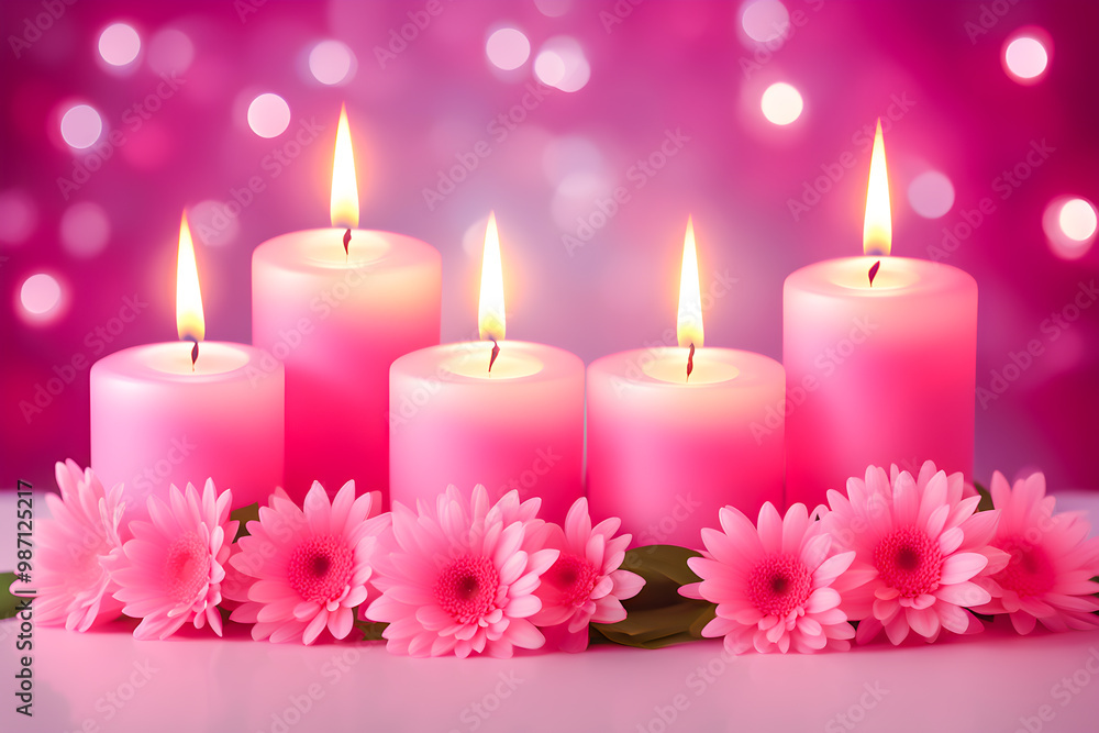 illustration flowers and Four pink Candles With Soft Blurry Lights on the abstract background. illustration flowers and Four pink Candles With Soft Blurry Lights on the abstract background.