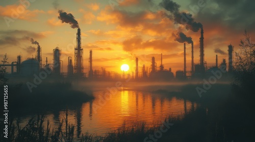 Industrial Sunset Over a Foggy River